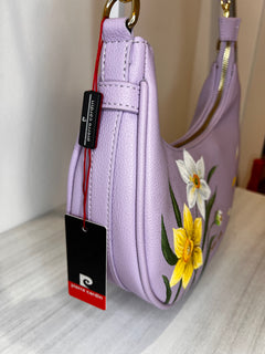 Borsa a tracolla dipinta a mano con Narcisi bianco e giallo , Pierre Cardin lilla