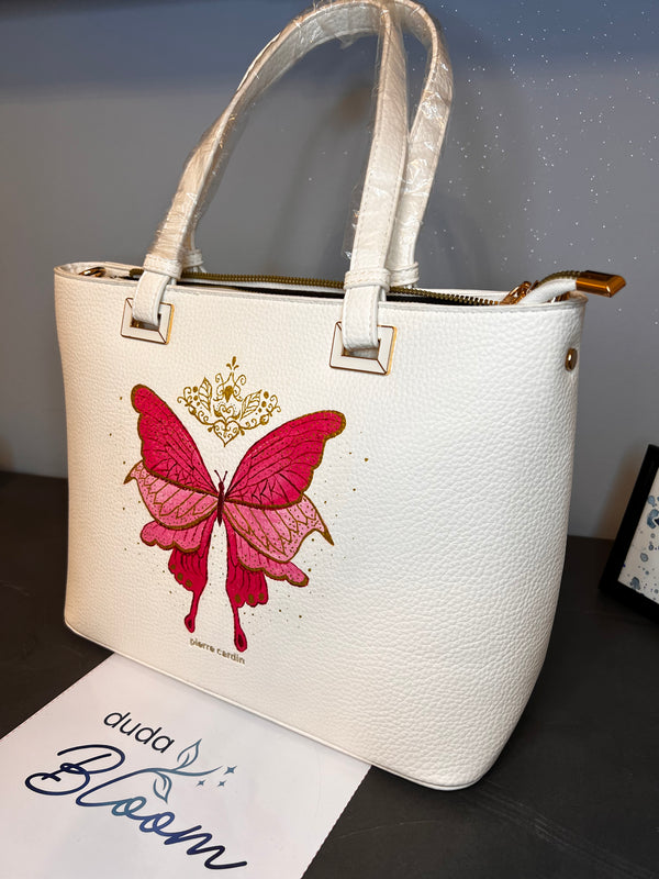 Borsa a tracolla dipinta a mano con farfalla rosa, Pierre Cardin bianca