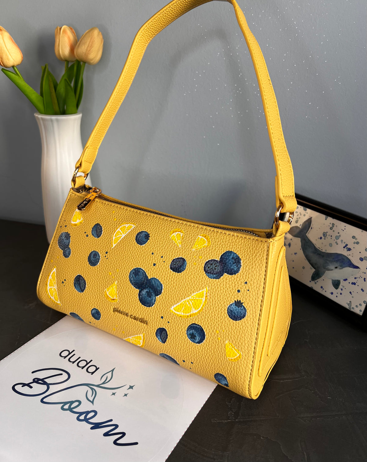 Borsa a tracolla dipinta a mano con limoni, Pierre Cardin gialla