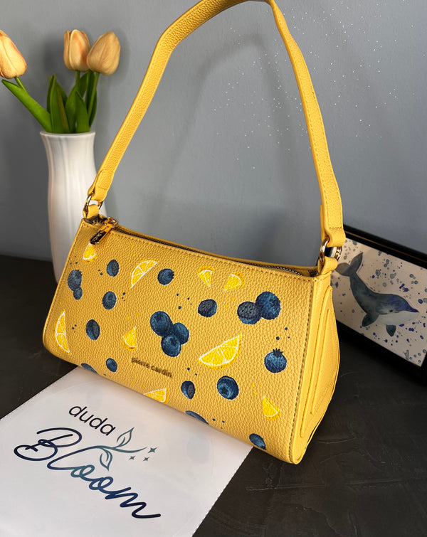 Borsa a tracolla dipinta a mano con limoni, Pierre Cardin gialla